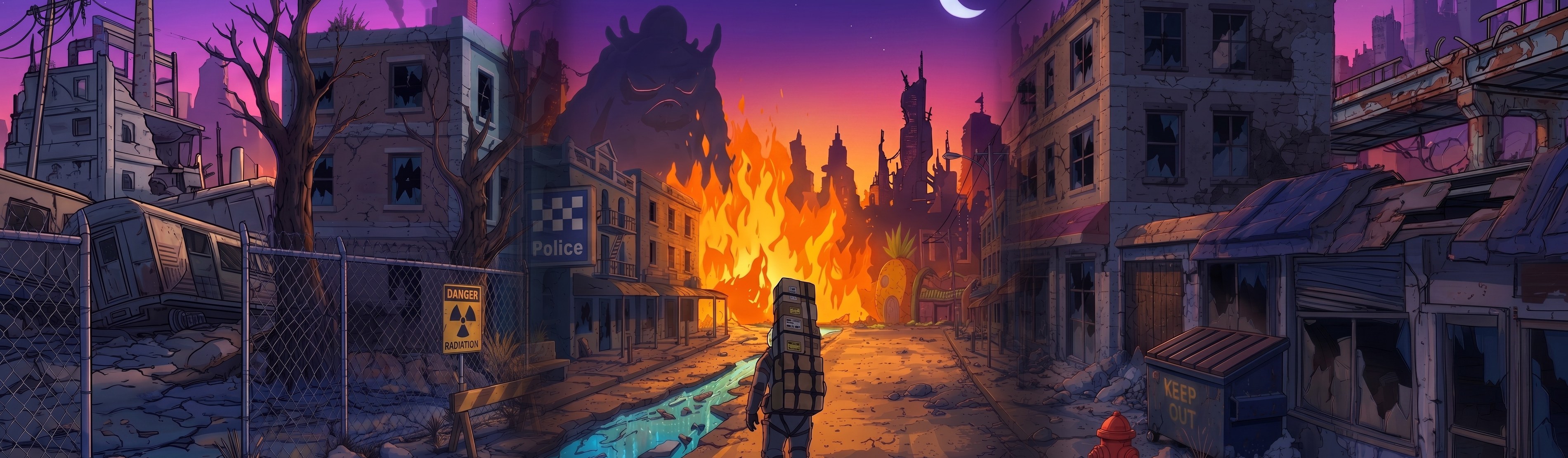 A courier carrying a stacked cargo tower walks down a burning, fog-cracked street at dusk, a vast shadow looming beyond the flames.